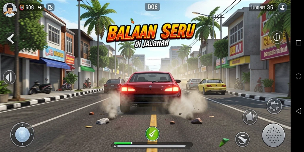 Gameplay seru D06 dengan mobil balap yang melaju kencang.
