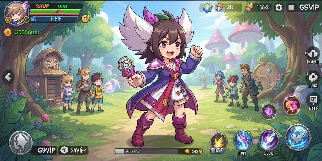 Tangkapan layar G9VIP menampilkan karakter anime yang beraksi di latar belakang fantastis.