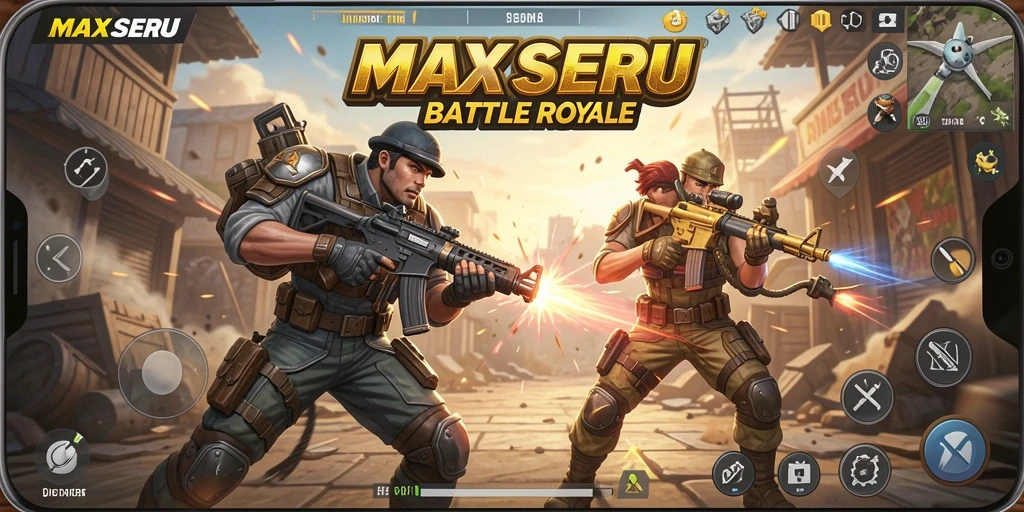 Screenshot MAXSERU menampilkan aksi seru dalam permainan Battle Royale.